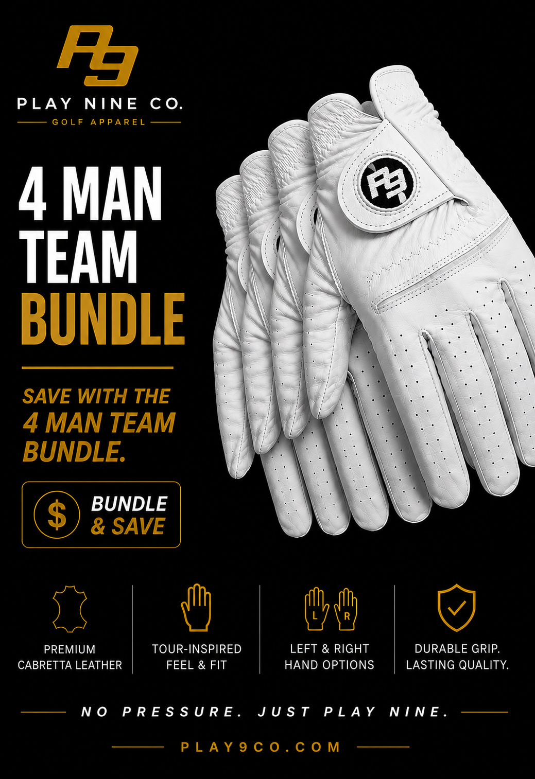 Play Nine Co. Premium Cabretta Golf Gloves – 4 Man Team Bundle