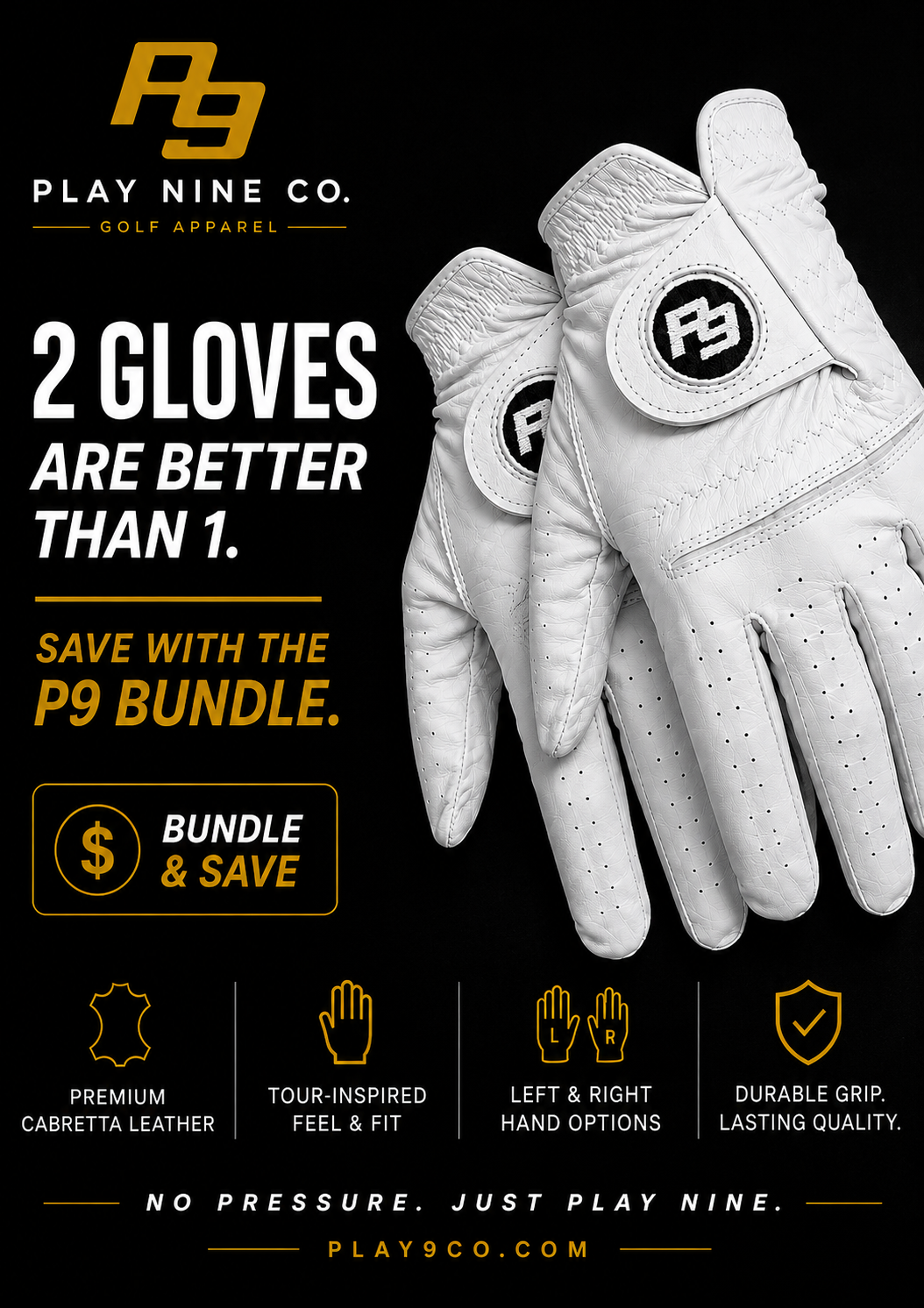 Play Nine Co. Premium Cabretta Golf Gloves – 2 Pack Bundle